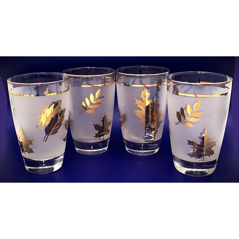 Set of 4 Libbey Gold Leaves Frosted Tumbler Vintage Mid-Century Era Glasses EXC!